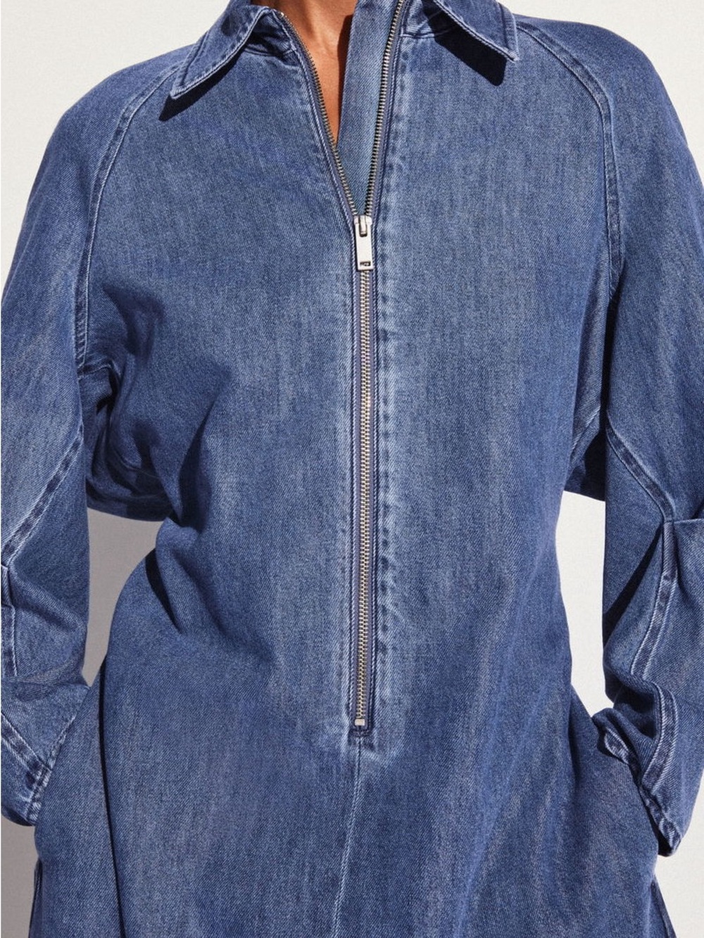 COS L Denim Zip Up Midi Dress Back Pleats Structural Architectural Modern Collar - Picture 4 of 13